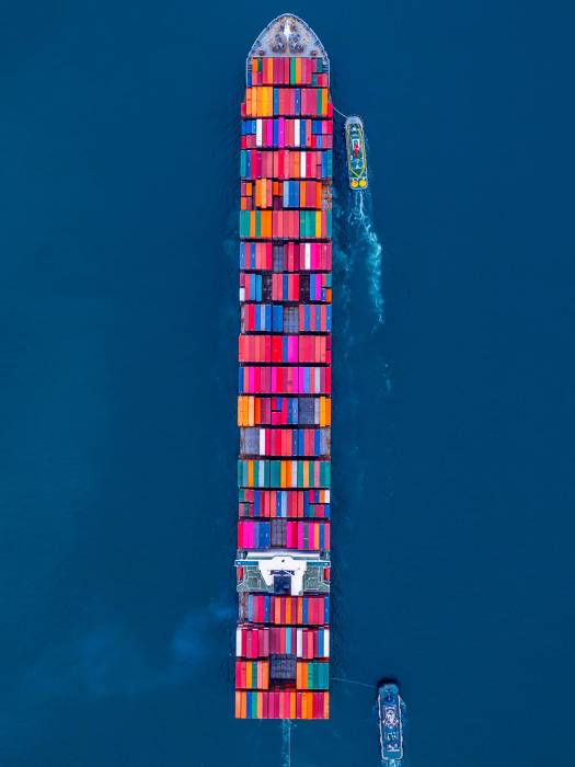 Aerial view container cargo ship, Sea freight shipping global business industry import export logistic transportation container cargo ship, Container cargo ship commercial industry freight shipping.